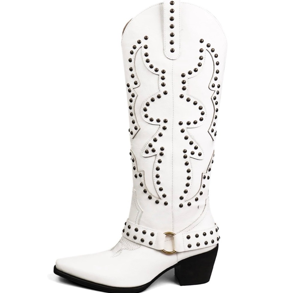 Elegant White Studded Heeled Boots